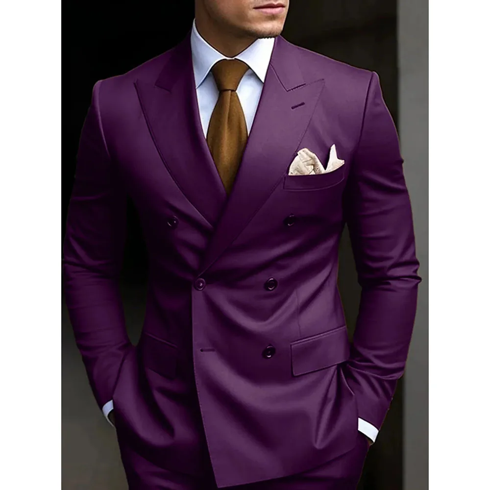 Double Breasted Men Suits Solid Color Peak Lapel Skinny 2 Piece Jacket Pants Formal Weddding Groom Full Set Blazer Homme Terno 4