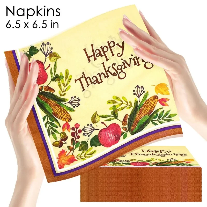 10/20pcs 33cm Thanksgiving Elements Corn Maple Leaf Vegetables Fruit Brown Edge Yellow Background Thanksgiving Coloured Napkins