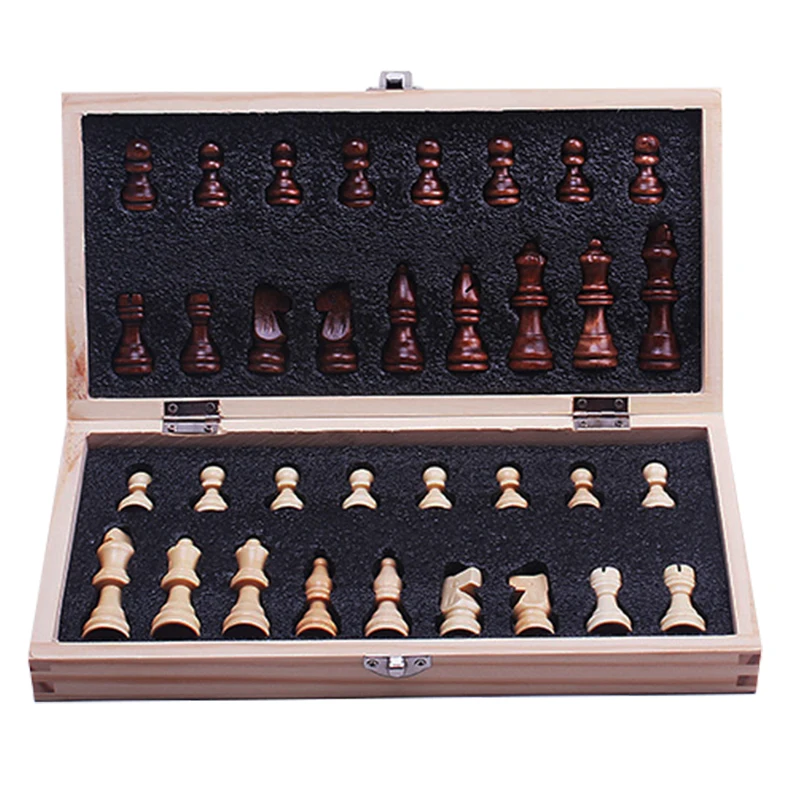 Luxury 4 Queens Wooden Chess Game, 34 Wooden Chess Pieces, Foldable Chessboard, Family Board Game, Set Gift Toy