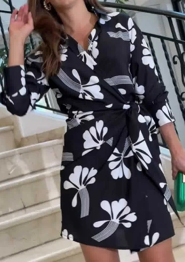 

Fashion Dress for Women 2023 Autumn Clothing New Long Sleeve Leaf Print Turn-Down Collar Casual Home Short Dress