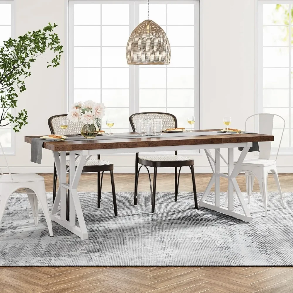 NEW-Farmhouse Dining Table for 6 People, 70.8-Inch Rectangular Wood Dining Table, Rustic Kitchen Table with Heavy Duty Metal Leg