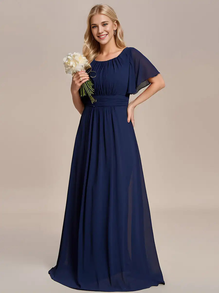 

Elegant Evening Dresses Simple Pleated A-Line Round Neckline 2024 Ever Pretty of Chiffon Navy Blue Bridesmaid Dress