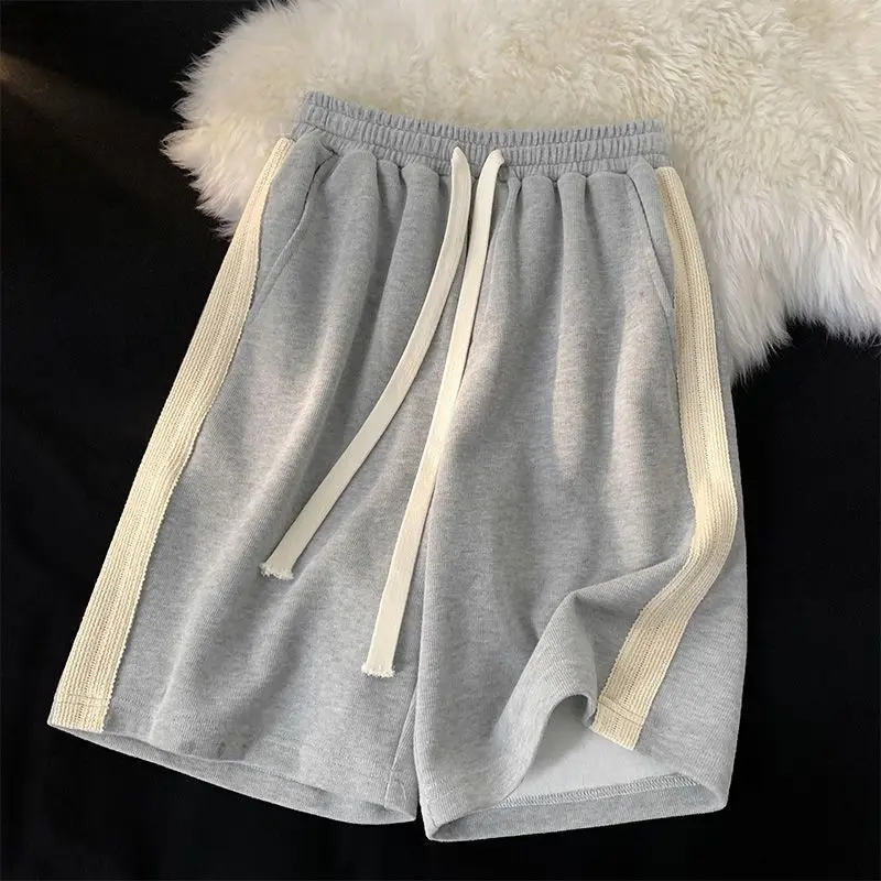 Summer New Fashion Striped Casual Pocket Men's Shorts Loose Korean Motion Waist Drawstring All-match Youth Male Knee Length