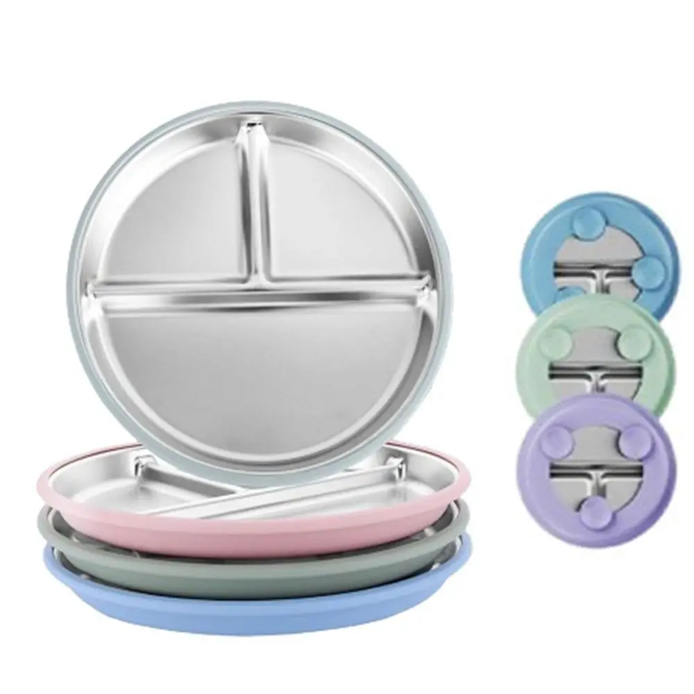 Divided Design Baby Sucker Dining Plate Silicone Suction Cup Non-Slip Children 3 Grids Dishes Anti-fall 304 Stainless Steel silicone dining plate divided dinner plate