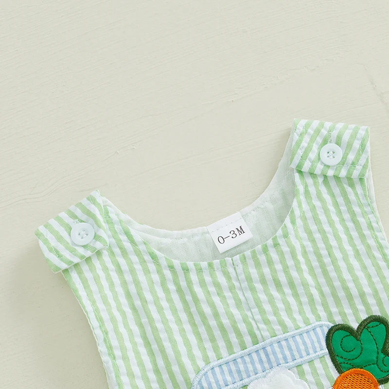 Infant Baby Girls Boys Easter Rompers Striped Bunny Truck Carrot Embroidery Crew Neck Sleeveless SpringJumpsuit Bunny Overalls 6