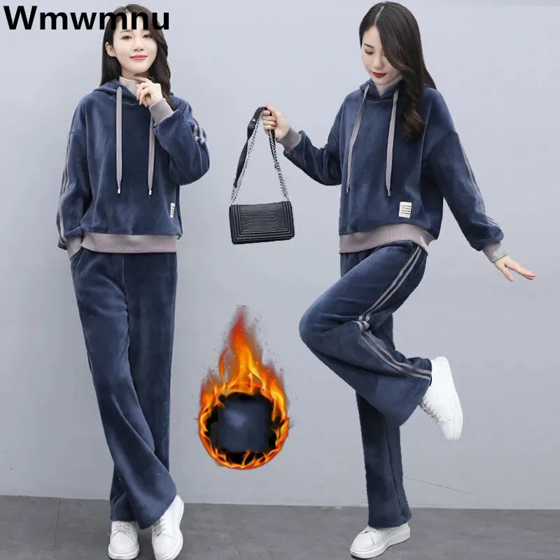 

Pleuche Plus Velvet Tracksuit Two Piece Sets Casual Warm Thicken Hoodies Sweatshirt Outfit Plush Baggy Wide Leg Pants Conjuntos