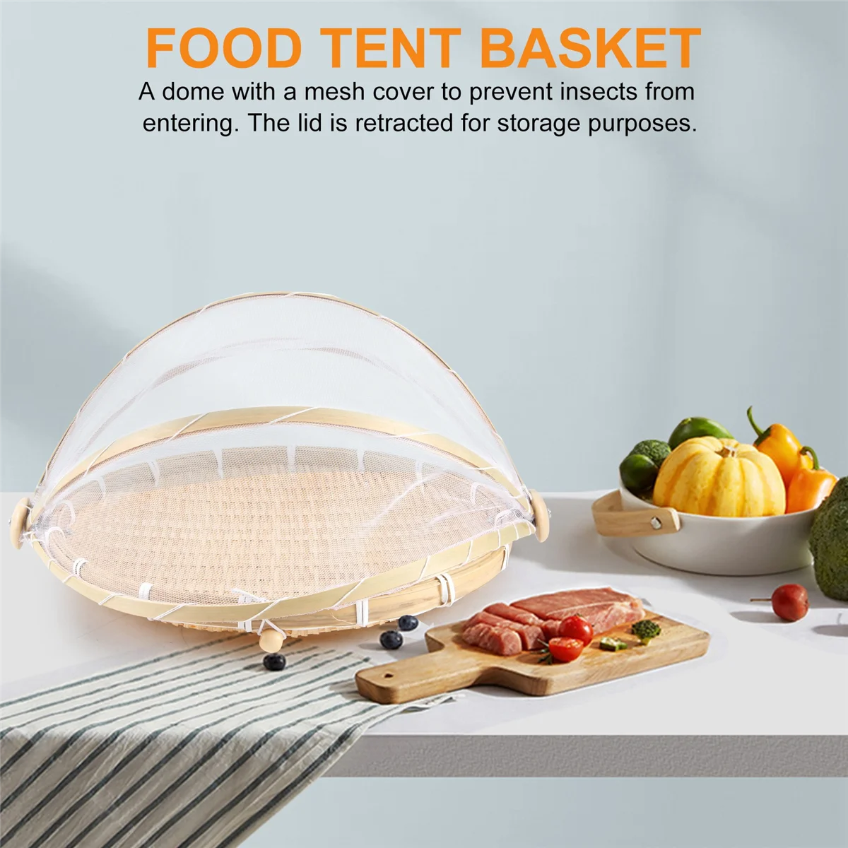 Hand-Woven Food Tent Basket Tray Fruit Vegetable Bread Storage Basket Simple Atmosphere Outdoor Picnic Mesh Net Cover 6