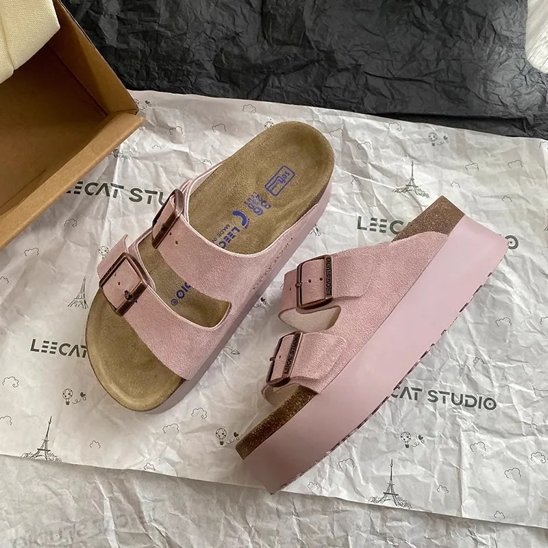 2024 Summer Women's Thick Sole Genuine Leather Buckle Slides Birken Style Beach Outdoor Wear Slipper Casual Walking Shoes