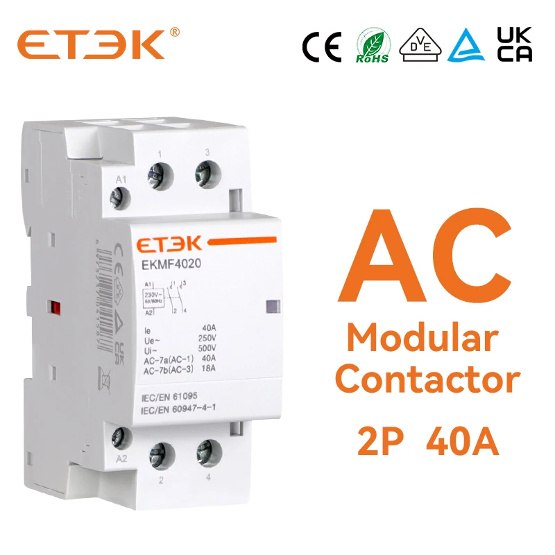 ETEK Household AC Modular Contactor 220v Single Phase 2P 40A 2NO Coil Din  Rail Type EKMF