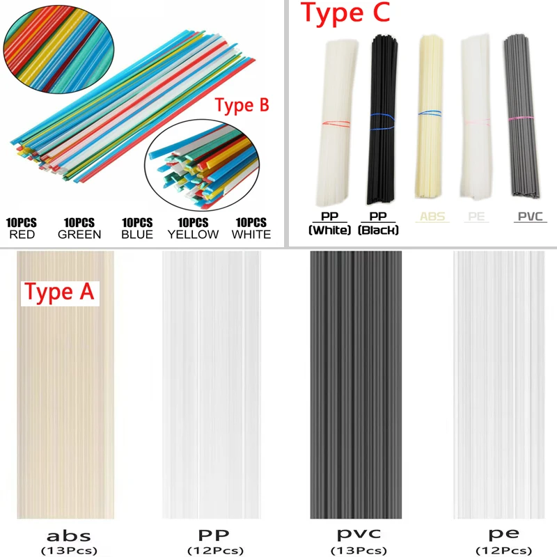 3 different types mixed plastic welding rod,  PPRPPPVCABSPE welding rod, tip welding, plastic welding machine welding rod 50 pcs