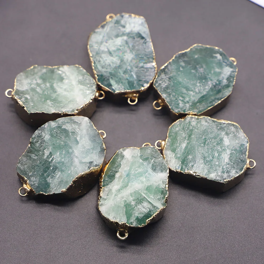 New Natural Fluorite Stone Oval Slice Pendants Connector Mineral Healing Gold Plated Edge Necklace Charms Jewelry Wholesale 4Pcs