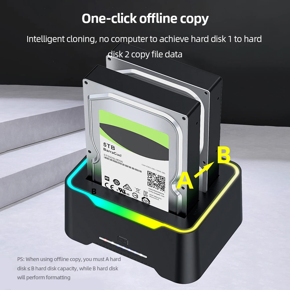 Dual-bay HDD Docking Station USB3.0 Mobile Hard Drive Copy Box Base External Hard Drive Docking for 2.5/3.5 Inch SATA Disk
