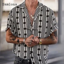 

Samlona Men Skinny Tops Open Stitch Model Shirt 2022 Short Sleeve Fashion Striped Dots Blouse Summer Casual Shirts Clothing