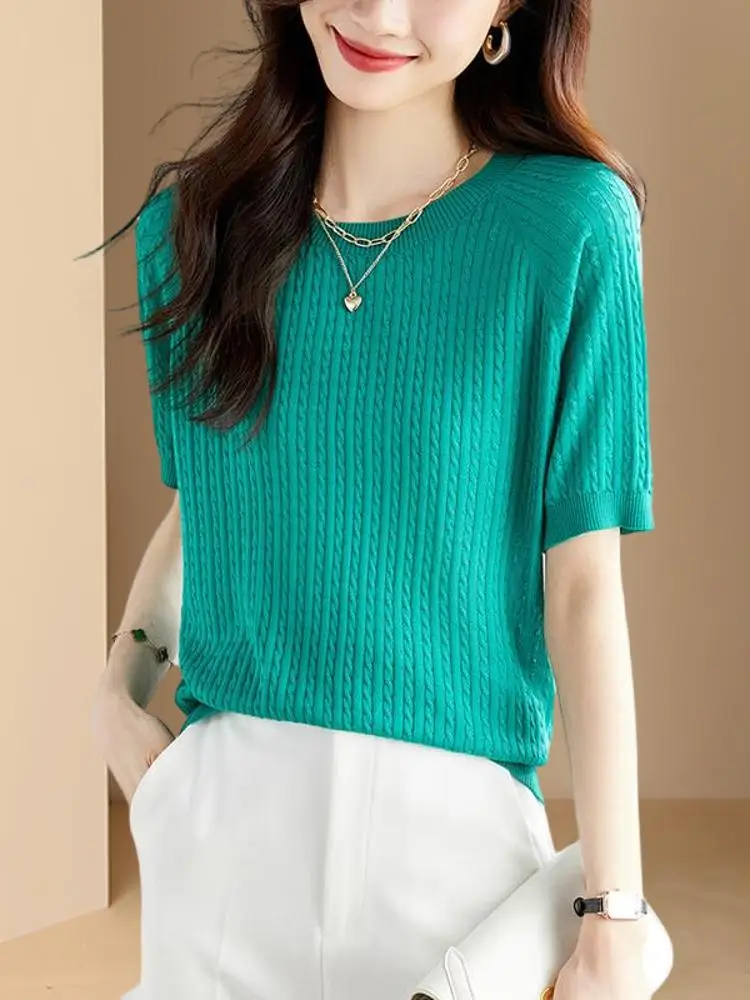 

2024 Women's Spring Summer New Short-sleeved Loose T-shirts Female Ice Silk Knit T-shirt Ladies Solid Color Thin Tops Tees X221