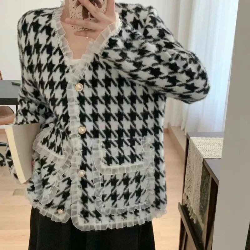 

Limiguyue Houndstooth Cashmere Women Sweater Coat Pearl Single Breasted Mink Cardigans Loose Autumn Winter Knitted Jacket 2023