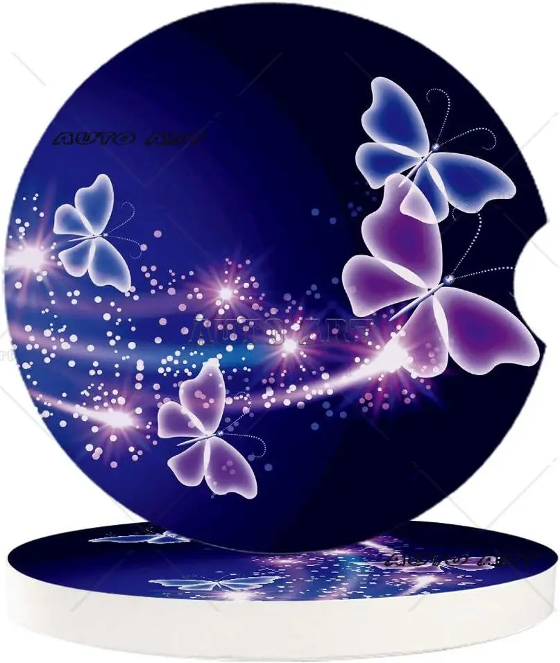 Car Drinks Coasters Set of 2 Pack Butterfly Absorbent Ceramic Stone Blue Purple Coaster with A Finger Notch for Easy Removal