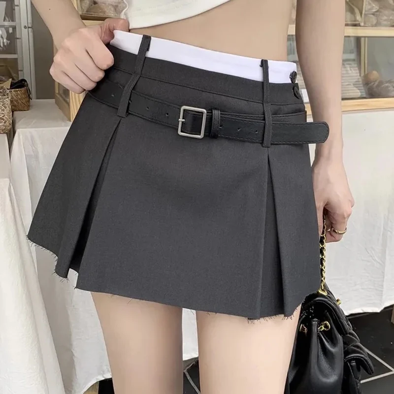 HOUZHOU Belt Pleated Mini Skirt Women Korean Style Preppy Summer Patchwork High Waist Casual A-line Skirt Shorts Streetwear belt sabbia кресло