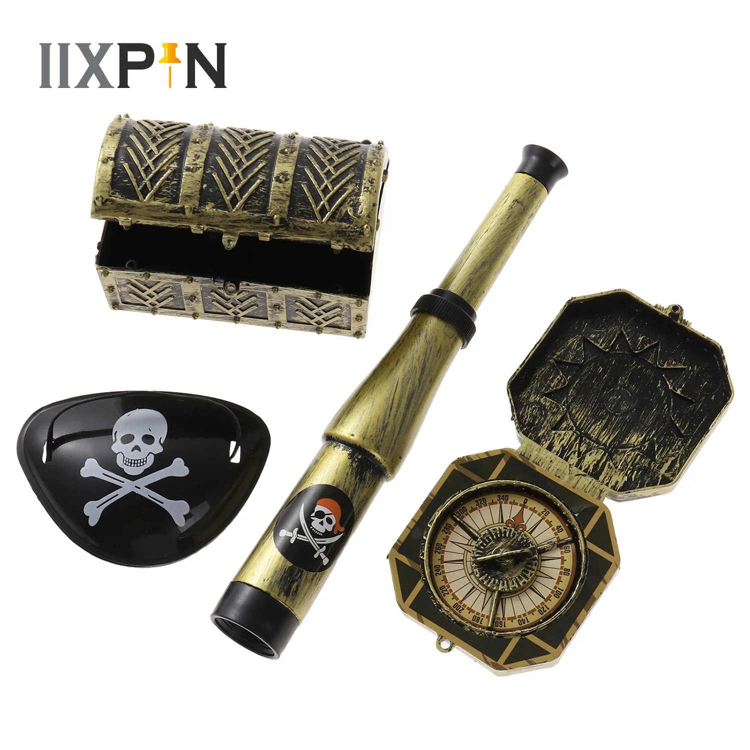 DIY Child Pirate Patch with Skull Telescope Compass Treasure Box Dress Up Prop Captain Toy Set Halloween Theme Party Decoration kids pirate toy set