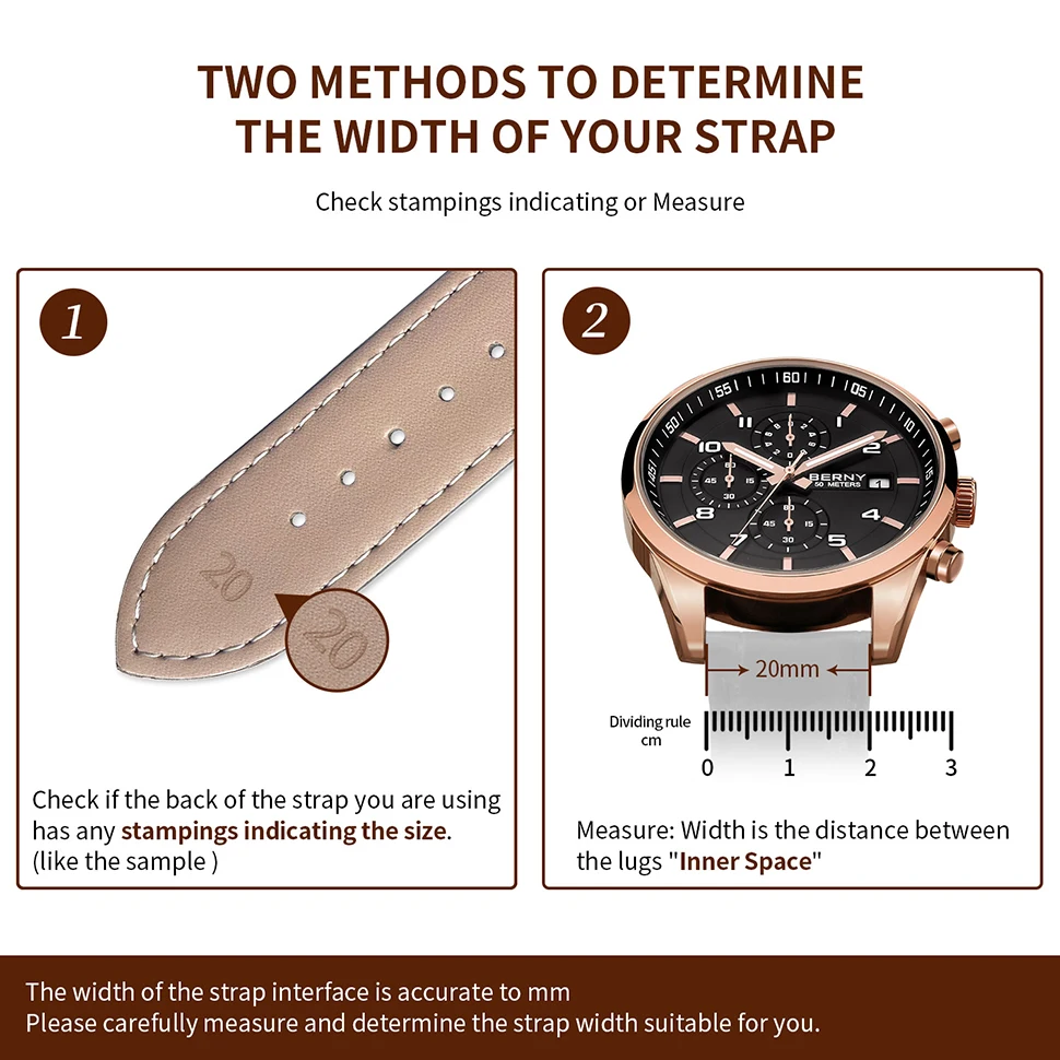 BERNY 100% Genuine Leather Watchbands 14/16/18/20/22mm Pin Grain Watch Strap Hygrosscopic and Breathable Watchbands