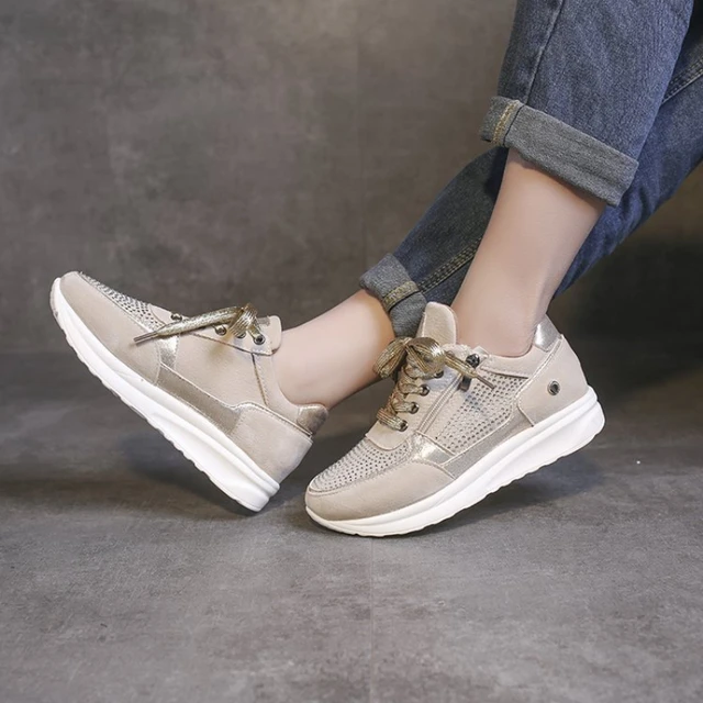 zapatillas deportivas mujer de plataforma cordones para mujer, zapatos informales a la moda, con diamantes de imitación, transpirables para exteriores, ligeras y planas de punta redonda, Tenis Respiravel| | - AliExpress