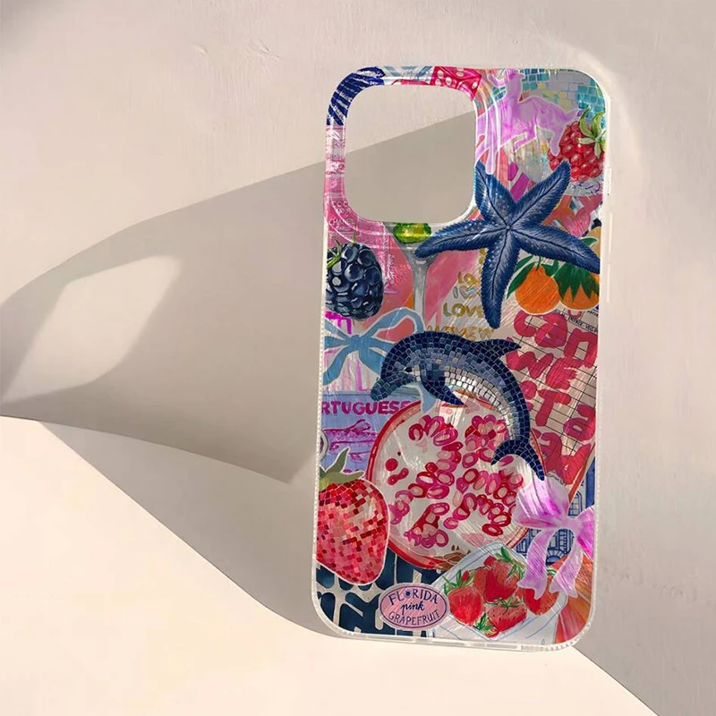 Seaside Scenery Wave Beach Pattern Phone Case with Feather Texture Cover