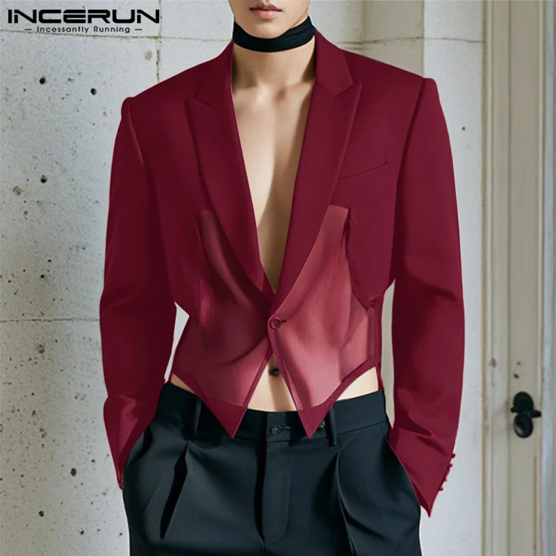 Handsome Well Fitting Tops INCERUN Men's Splicing Perspective Suit Coat Casual Clubwear Male Long Sleeved Thin Blazer S-5XL