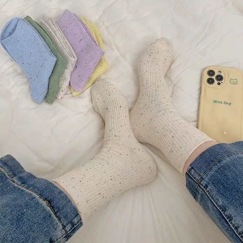 6/12 Pairs Colorful Dot Yarn Women Mid Tube Socks Fashionable Korean Style Fine Stripes Soft Comfortable All Season Casual Socks