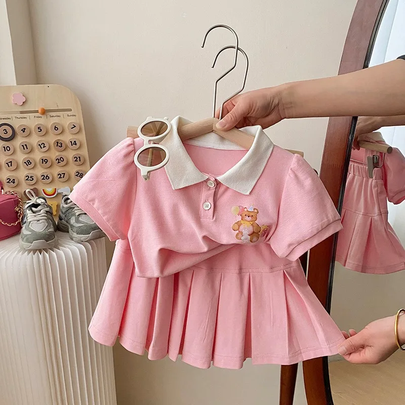 

Baby Girls Summer Clothing Cartoon Bear College Style Children's Style Pleated Skirt Short Sleeved Two-Piece Set toddler clothes