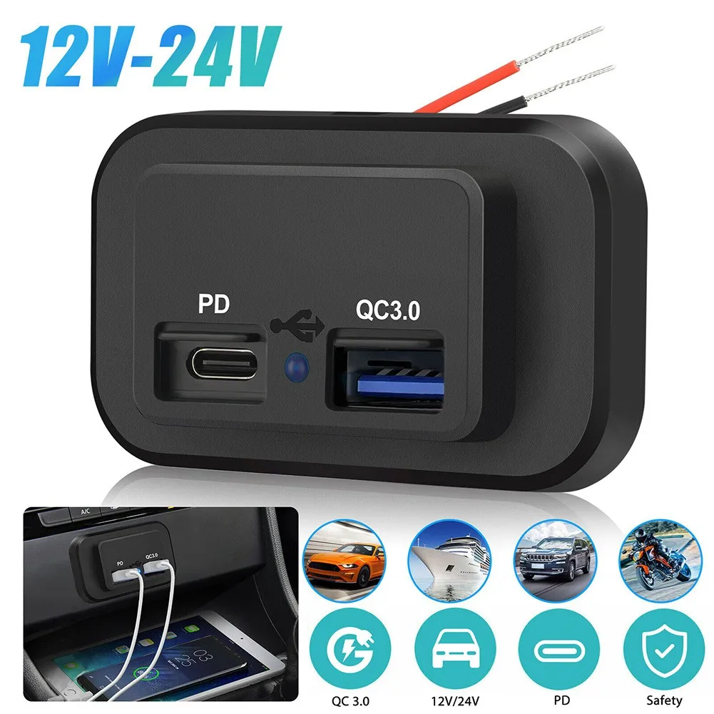 

36W QC3.0 PD Dual Landfill USB Port Car Charger RV Fast Charger Socket Adapter Power Outlet 12/24V ABS Black