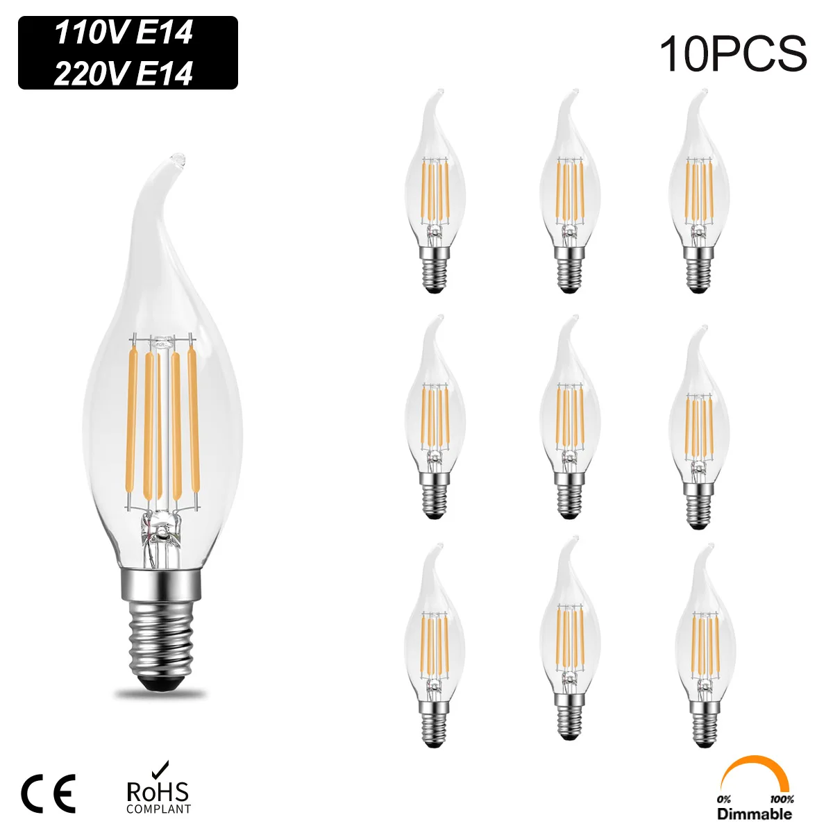 

E14 Base 110V 220V Candle Led Bulbs Lampada 4W 6W 2700K Dimmable C35 Edison Light Bulb 60W Incandescent Equivalent For Chandelie