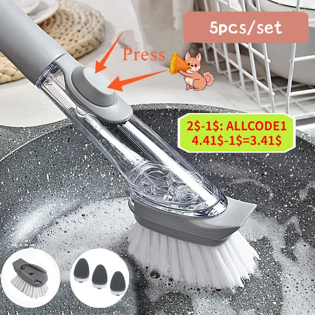 Refillable Liquid Cleaning Brush Kitchen Bowl Scrubber Cleaning Sponge Long  Handle Dispenser Cleaner Tool with Dish Soap Washing - AliExpress