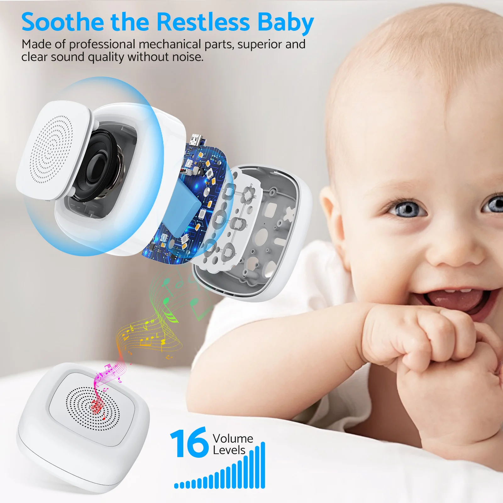 Portable White Noise Machine Baby 30 Sleep Sounds 7 Colour Baby Night Light 16 Levels Volume Adjustment with Memory Function