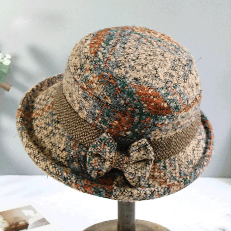 Chapeau en Tweed pour femme, casquette de bassin à carreaux avec nœud  papillon, bord roulé, chapeau seau, salut, automne et hiver - AliExpress