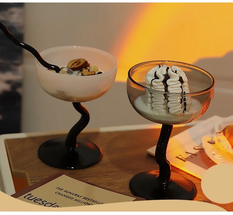 Description Picture 2 of item1 Piece Solid Color Glass Goblet Two Tone Glass Stemware Twisted Stem Champagne Coupes Milk Shake Ice Cream Glasses Cup Ins