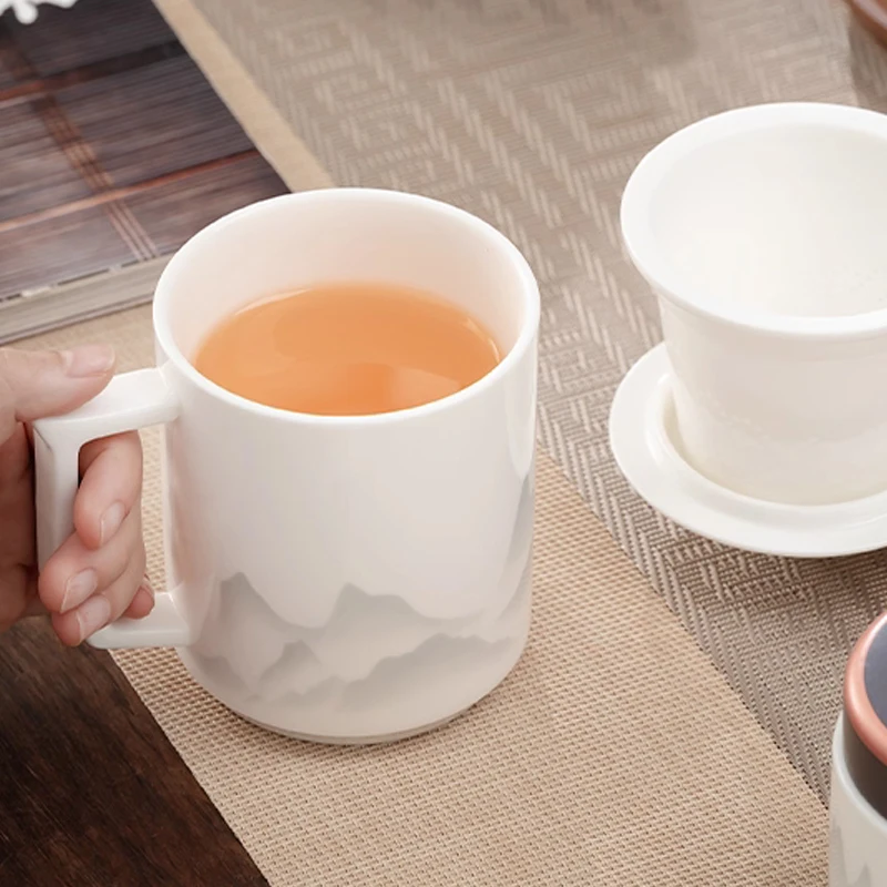 Chinese Style Tea Filtering and Separation Cups, With Cover White Porcelain Personal Mug, Home Drinkware Ceramic Office Cup, 1Pc