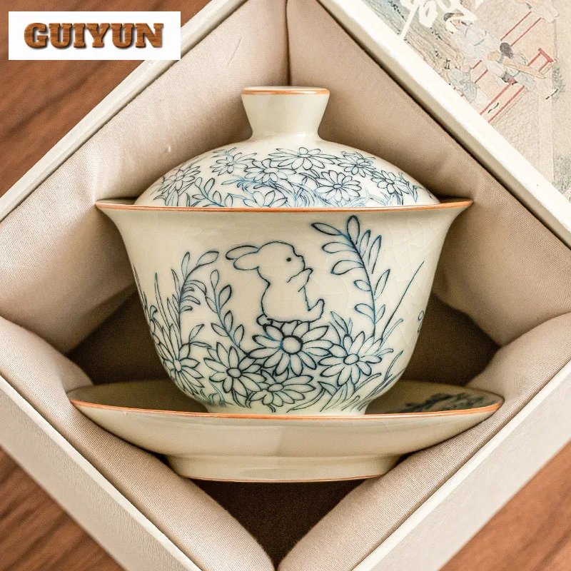 Cute Rabbit Sunshine Flower Ru Kiln Tea Set Kit Creative 1 Pot 2 Cups Tea Making Portable Travel Organizer Cloth Bags Supplies