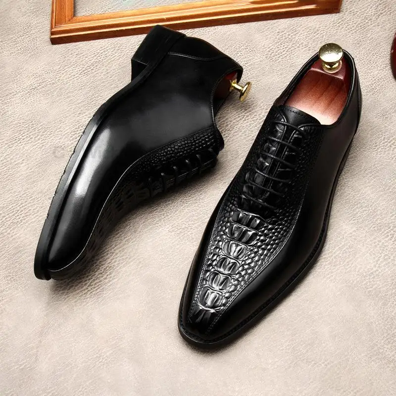 

Italian Men Genuine Leather Shoes Blue Black Crocodile Shoes Lace Up Luxury Men Dress Shoes Office Wedding Oxfords Shoes For Men