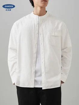 DUKEEN Camicia da uomo con colletto alla coreana 2025 Primavera e autunno 100% cotone Stile coreano Manica lunga Casual Top bianchi Abbigliamento uomo 1