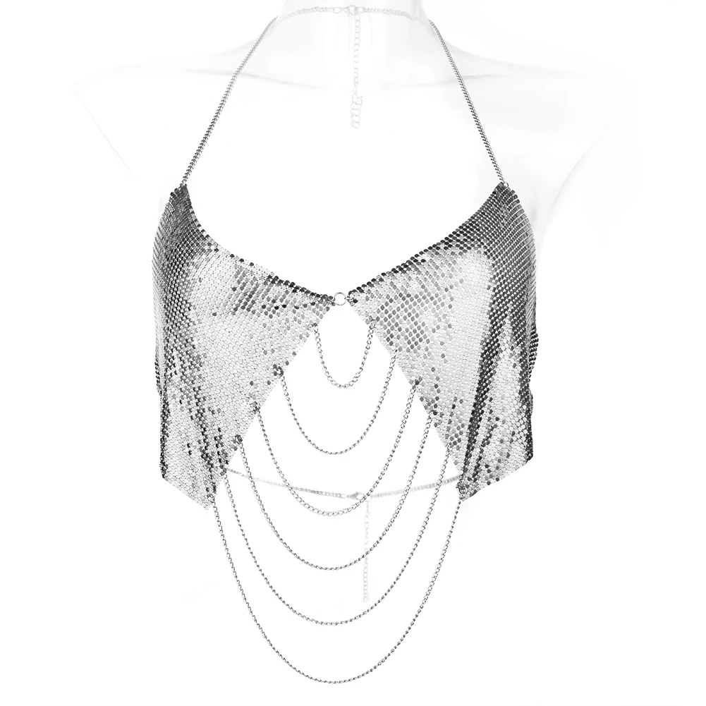 Sexy Women Metal Body Chain Bling Halter Top Bra Chain Golden Jewelry Chest Chain Fashion Girl Festival Body Accessories Jewelry