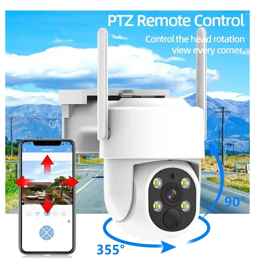5MP 10채널 무선 태양광 보안 시스템 10.1인치 화면 에너지 효율 NVR PTZ 카메라 (양방향 오디오 포함) |   24시간 감시