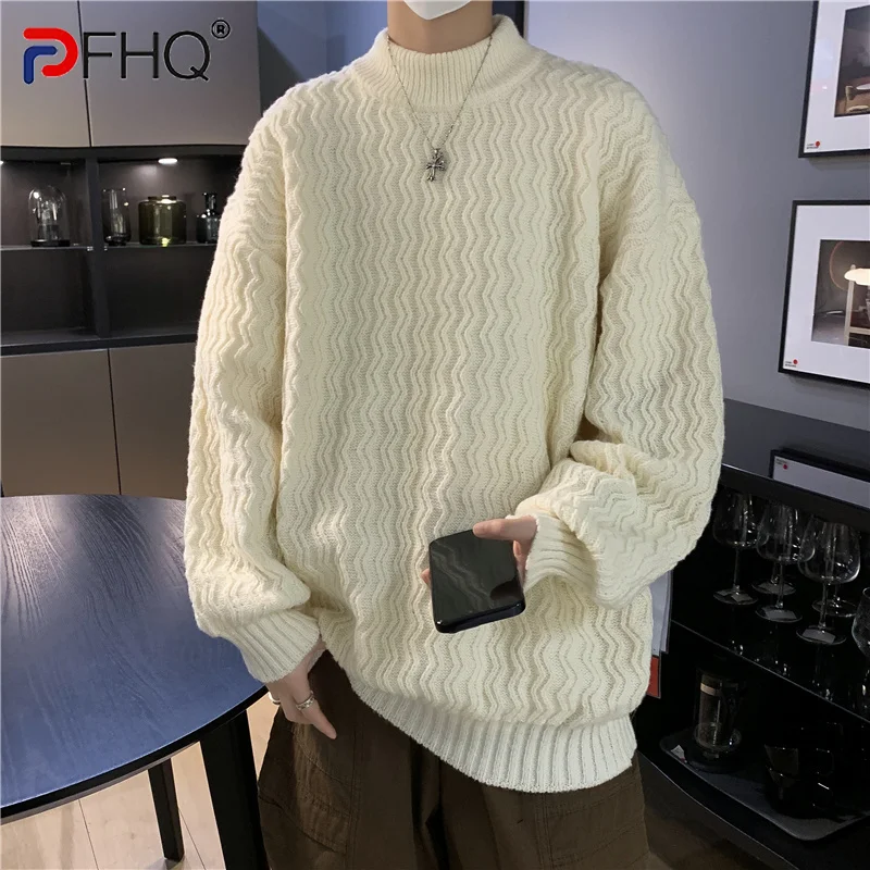 

PFHQ Half High Neck Sweater For Men's Outdoor Trendy Solid Color Loose Thickened Underlay Knit Top Autumn Warm Pullovers 21Z3366