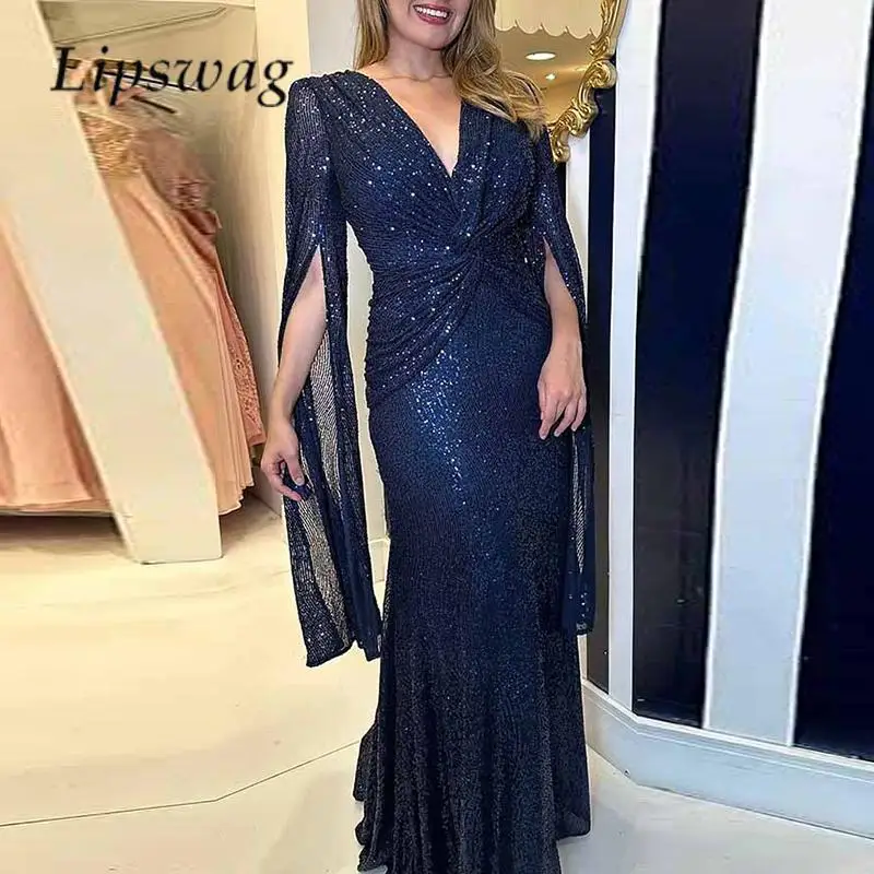 

2023 Sexy Women V Neck Split Long Sleeve Shawl Dress Temperament Sequins Party Dress Fashion Solid Color Waisted Slim Maxi Dress