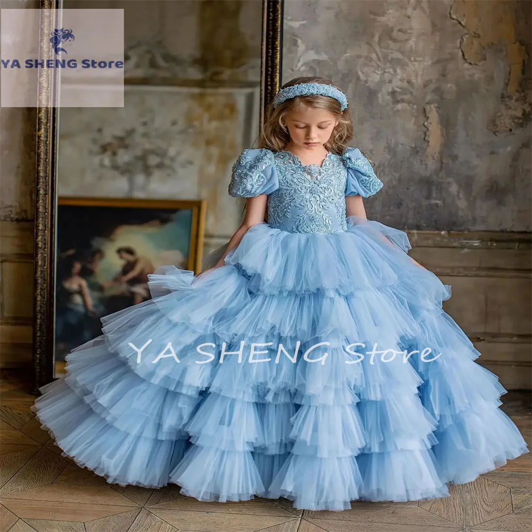 

Lace Flower Girl Dresses Puffy Tulle Sky Blue/Pink Layered Floor Length First Communion Dress Birthday Party Ball Gown