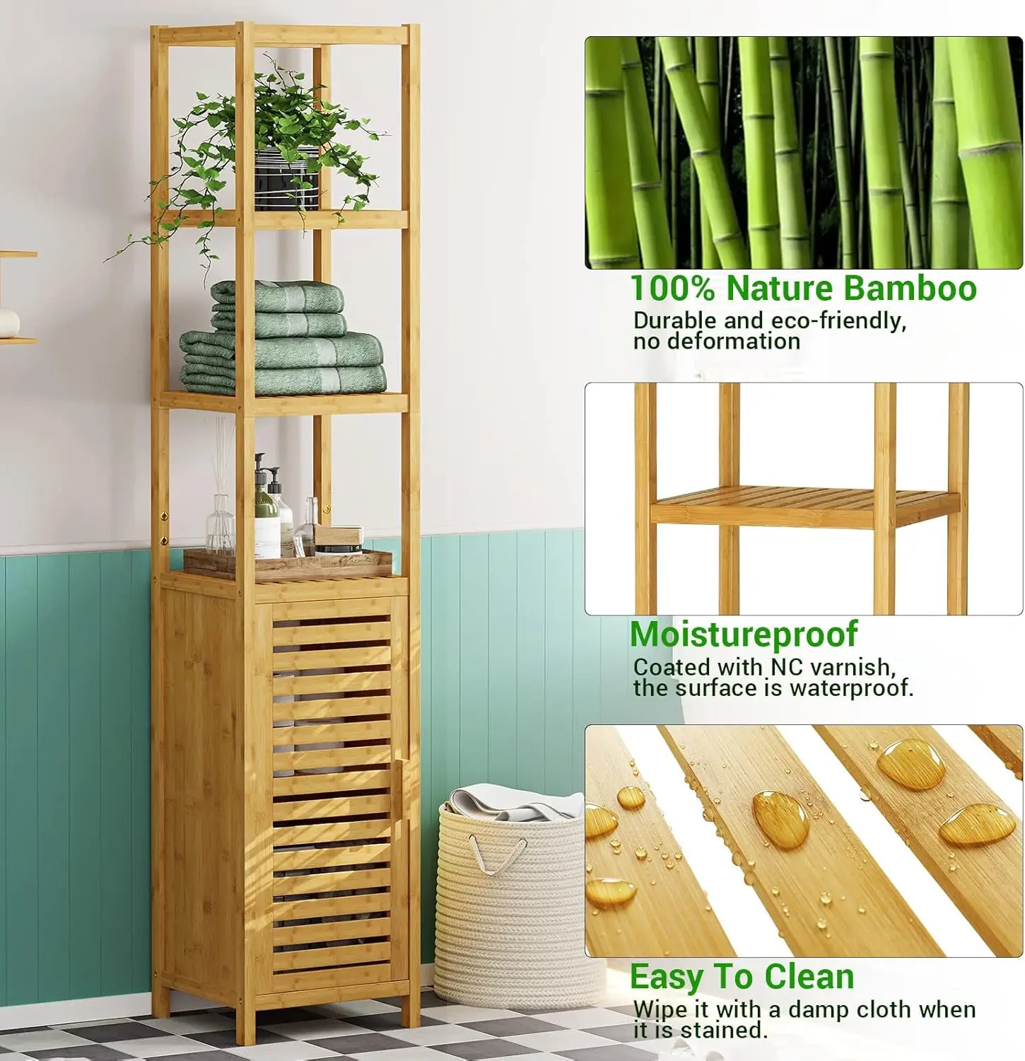 Storage Tall Slim Cabinet with Shutter Door and 3 Tier Shelves, Freestanding Linen Tower Cabinet for Living Room, Kitchen, Bathr