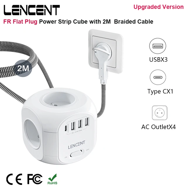 LENCENT FR-Multiprise à Prise Plate avec 4 Prises AC, 3 Ports USB