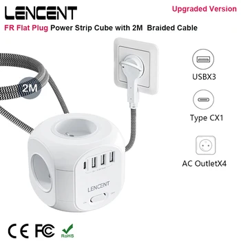 LENCENT FR 플랫 플러그 멀티탭 큐브, 가정용 스위치 포함 멀티 소켓, AC 콘센트 4 개, USB 포트 3 개, 1 타입 C, 2M 편조 케이블