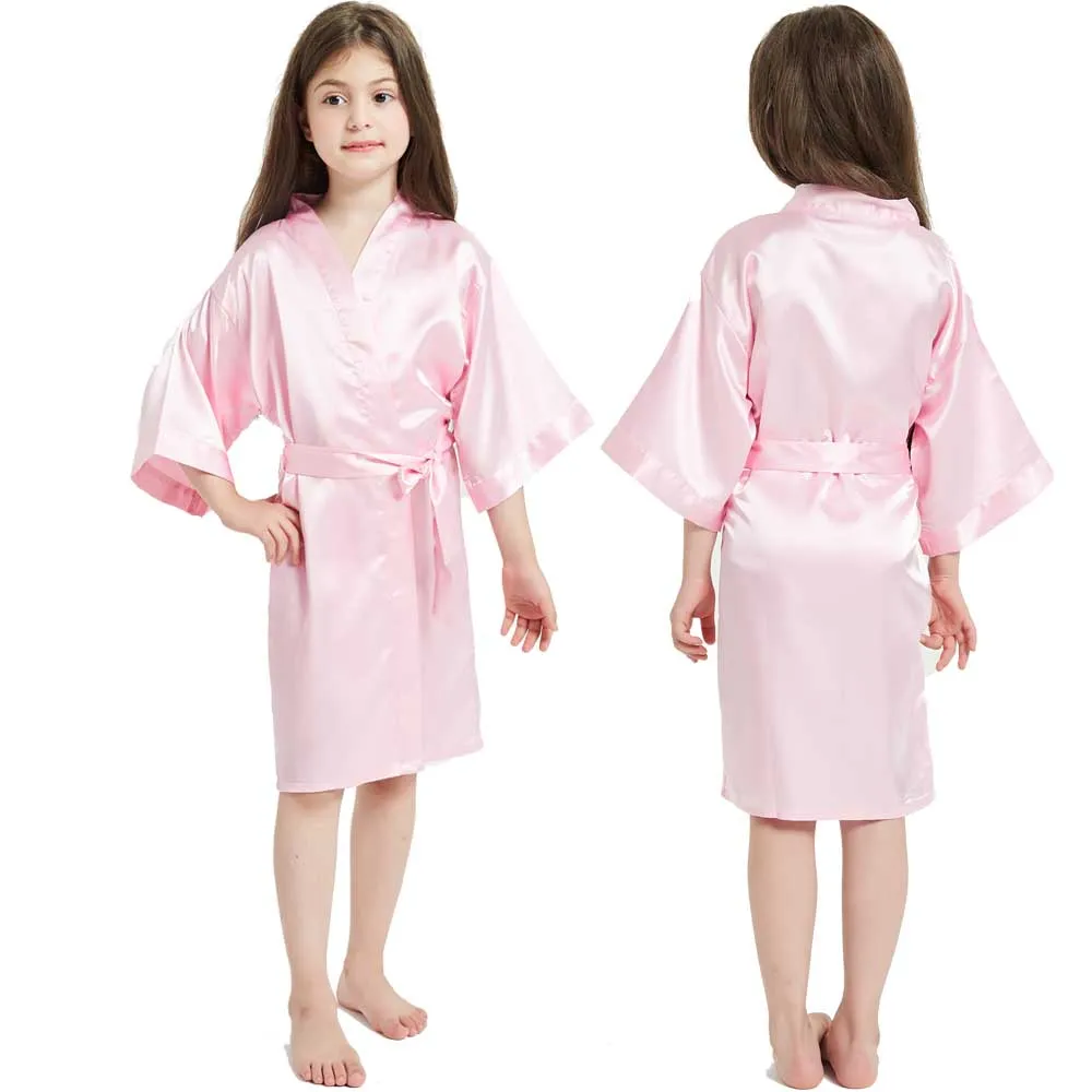 Kids Satin Black Kimono Robe Solid Girl Peacock Bath Robes for Wedding Spa Party Gifts Bridal Lingerie Sleepwear Bathrobe