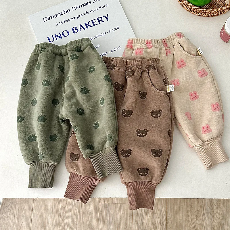 Korean version of autumn and winter cotton cartoon pattern for boys and girls, plush warm loose casual Harlan pants