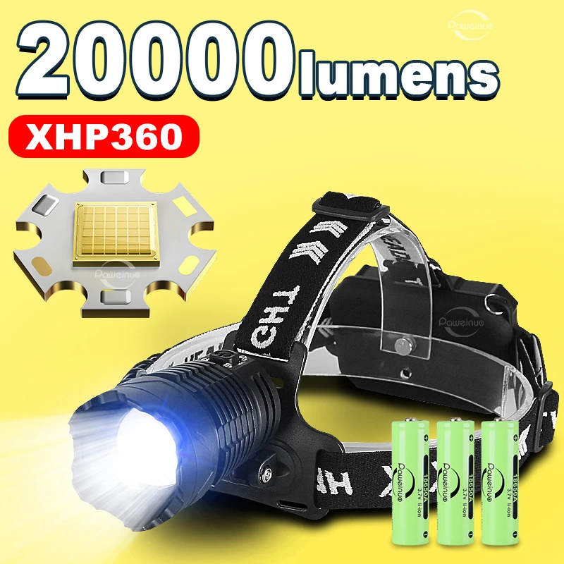 200000 Lumens Powerful Rechargeable Head Flashlight Xhp360led Headlamp