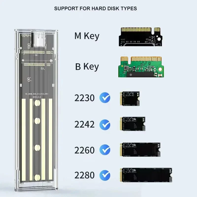 M.2 NVME PCIe 프로토콜 NGFF SATA SSD 케이스 투명 USB 타입 C 5/10Gbps PCI-E M2 SSD 투명 외장형 인클로저 하드 디스크 박스